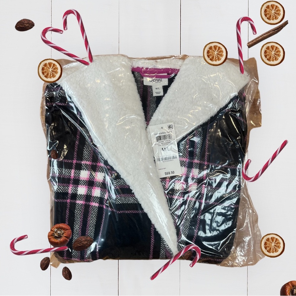 Jenni Intimates Hooded Sherpa Robe M/L Holiday Scotch Plaid NEW Blk/Pink/White